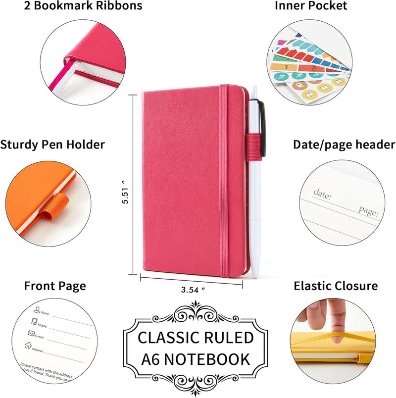 Feela Pocket Mini Notebooks Bulk, Small Cute Memo Notepads Hardcover College Ruled Lined Journals with Pen Holder for School Business Work, with 6 Black Pens, 3.5”x 5.5”, 6 Pack, A6, Solid Colors - Image 2
